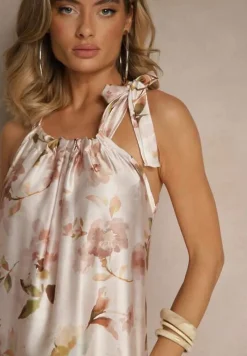 Beżowa Sukienka z Satyny w Kwiatowy Wzór Fenimea