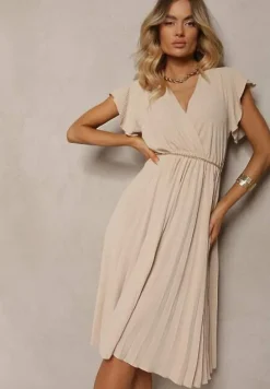 Beżowa Sukienka z Trójkątnym Dekoltem z Gumką w Pasie o Plisowanym Kroju Doetta