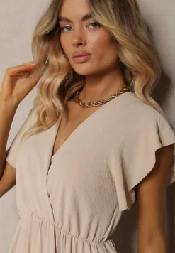 Beżowa Sukienka z Trójkątnym Dekoltem z Gumką w Pasie o Plisowanym Kroju Doetta