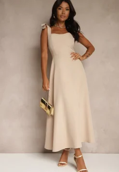 Beżowa Sukienka z Wiskozą o Rozkloszowanym Kroju z Wiązaniem Nilafeia