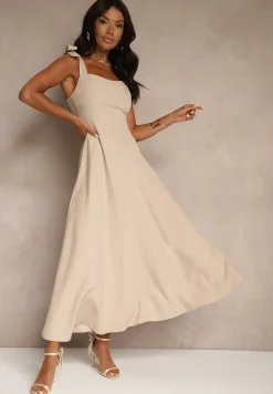 Beżowa Sukienka z Wiskozą o Rozkloszowanym Kroju z Wiązaniem Nilafeia