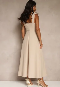 Beżowa Sukienka z Wiskozą o Rozkloszowanym Kroju z Wiązaniem Nilafeia