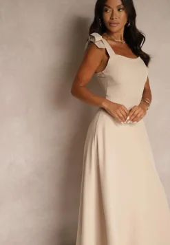 Beżowa Sukienka z Wiskozą o Rozkloszowanym Kroju z Wiązaniem Nilafeia