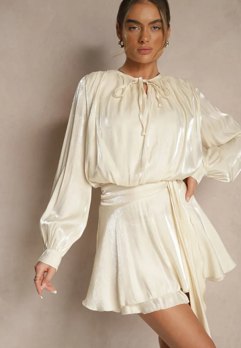 Beżowa Sukienka z Wiskozy z Falbanką i Wiązaniem Finlio