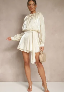 Beżowa Sukienka z Wiskozy z Falbanką i Wiązaniem Finlio