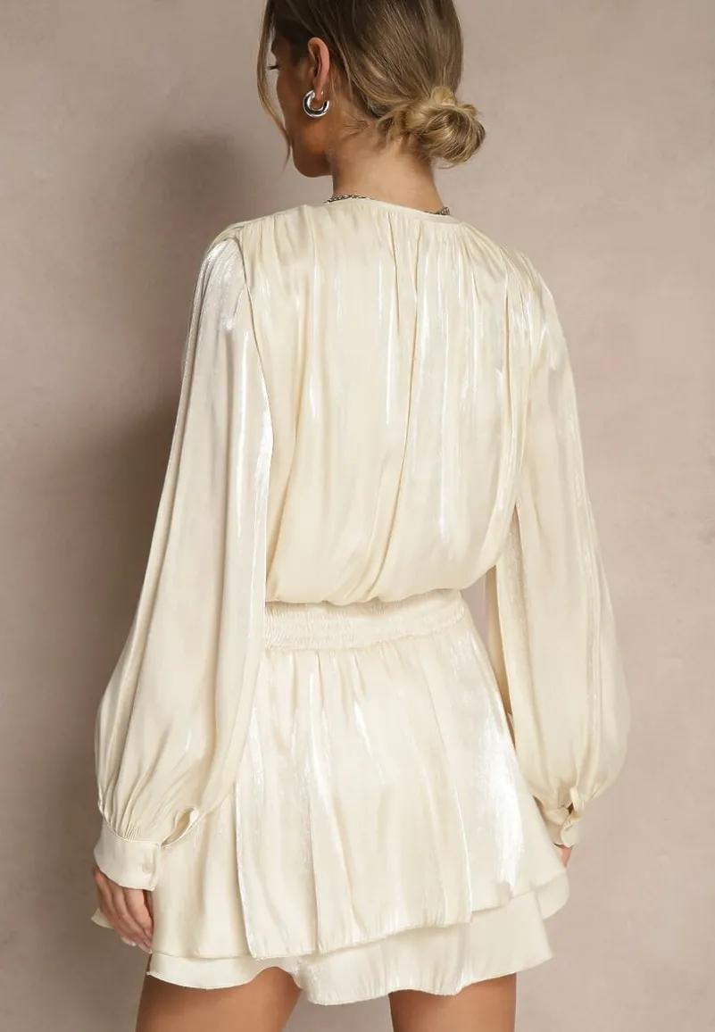 Beżowa Sukienka z Wiskozy z Falbanką i Wiązaniem Finlio