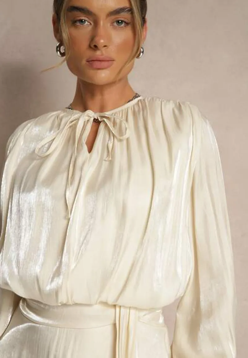 Beżowa Sukienka z Wiskozy z Falbanką i Wiązaniem Finlio