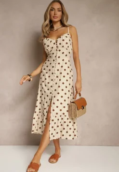 Beżowa Sukienka z Wiskozy w Grochy o Taliowanym Kroju na Ramiączka Lavilsa
