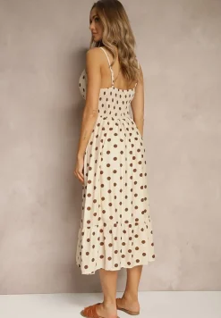 Beżowa Sukienka z Wiskozy w Grochy o Taliowanym Kroju na Ramiączka Lavilsa