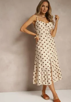 Beżowa Sukienka z Wiskozy w Grochy o Taliowanym Kroju na Ramiączka Lavilsa