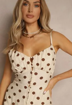 Beżowa Sukienka z Wiskozy w Grochy o Taliowanym Kroju na Ramiączka Lavilsa