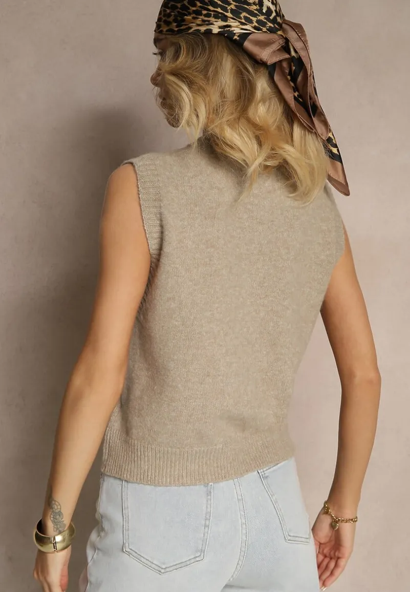 Beżowa Sweterkowa Kamizelka z Wełną na Guziki Eralina