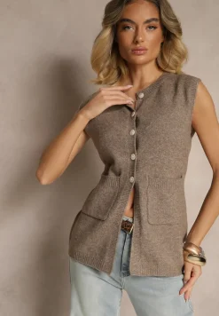 Beżowa Sweterkowa Kamizelka z Wełną na Guziki Haliriela