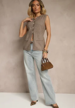 Beżowa Sweterkowa Kamizelka z Wełną na Guziki Haliriela