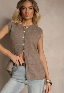 Beżowa Sweterkowa Kamizelka z Wełną na Guziki Haliriela