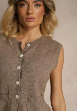 Beżowa Sweterkowa Kamizelka z Wełną na Guziki Haliriela