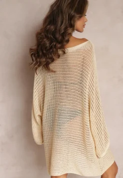 Beżowa Szydełkowa Narzutka Tunika z Szerokim Rękawem Narley