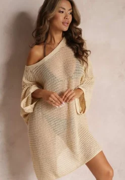 Beżowa Szydełkowa Narzutka Tunika z Szerokim Rękawem Narley