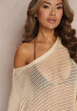 Beżowa Szydełkowa Narzutka Tunika z Szerokim Rękawem Narley