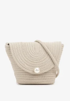 Beżowa Szydełkowa Torebka z Bawełny Typu Listonoszka z Perełką Savrine