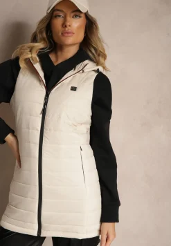 Beżowa Taliowana Kamizelka z Pikowanym Przeszyciem z Kapturem z Możliwością Odpięcia Inadorae