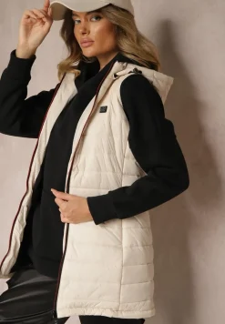 Beżowa Taliowana Kamizelka z Pikowanym Przeszyciem z Kapturem z Możliwością Odpięcia Inadorae