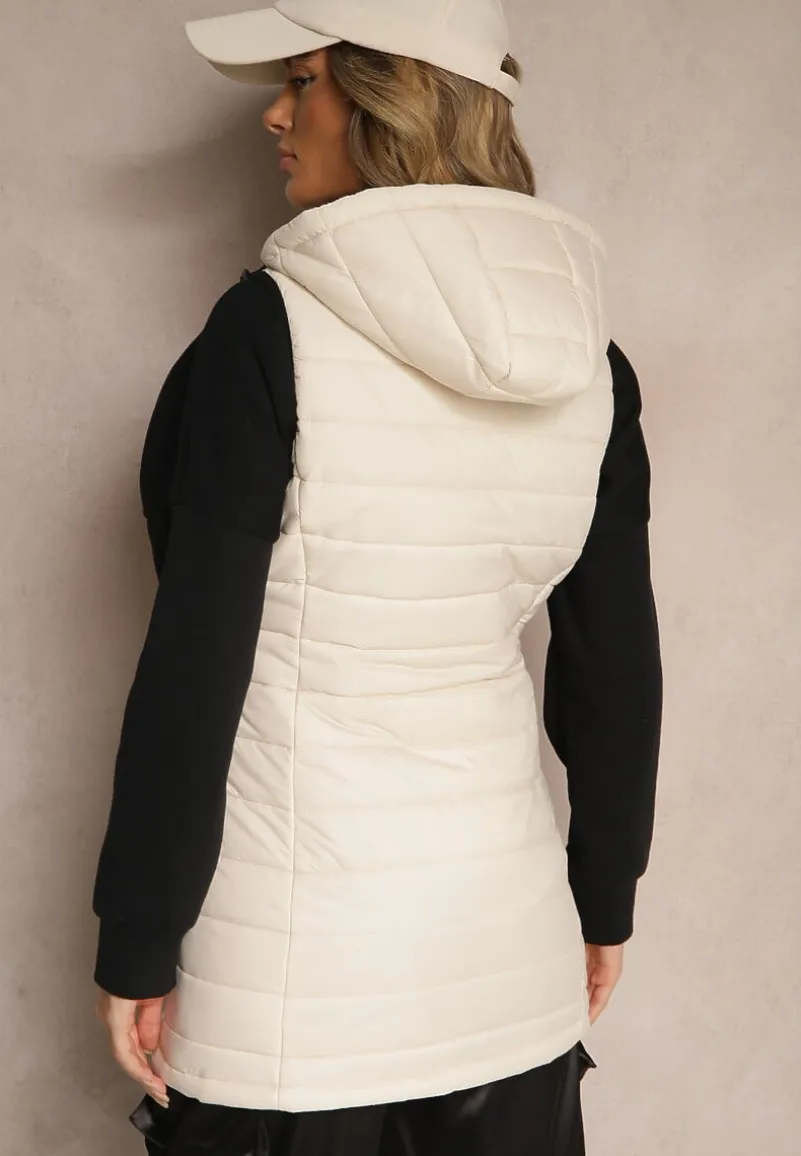 Beżowa Taliowana Kamizelka z Pikowanym Przeszyciem z Kapturem z Możliwością Odpięcia Inadorae