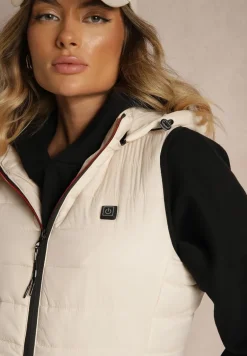 Beżowa Taliowana Kamizelka z Pikowanym Przeszyciem z Kapturem z Możliwością Odpięcia Inadorae