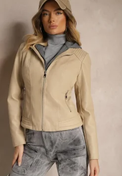 Beżowa Taliowana Kurtka Ramoneska z Tekstylnym Kapturem z Możliwością Odpięcia Ivaletha