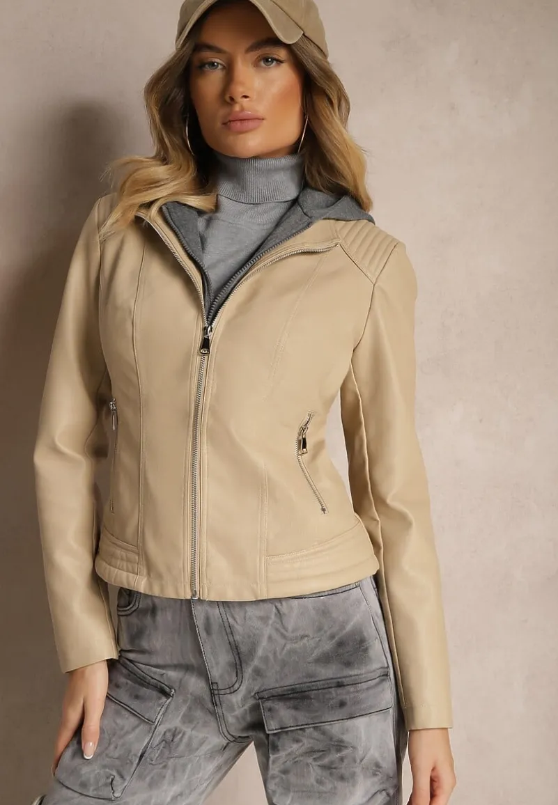 Beżowa Taliowana Kurtka Ramoneska z Tekstylnym Kapturem z Możliwością Odpięcia Ivaletha