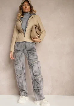 Beżowa Taliowana Kurtka Ramoneska z Tekstylnym Kapturem z Możliwością Odpięcia Ivaletha