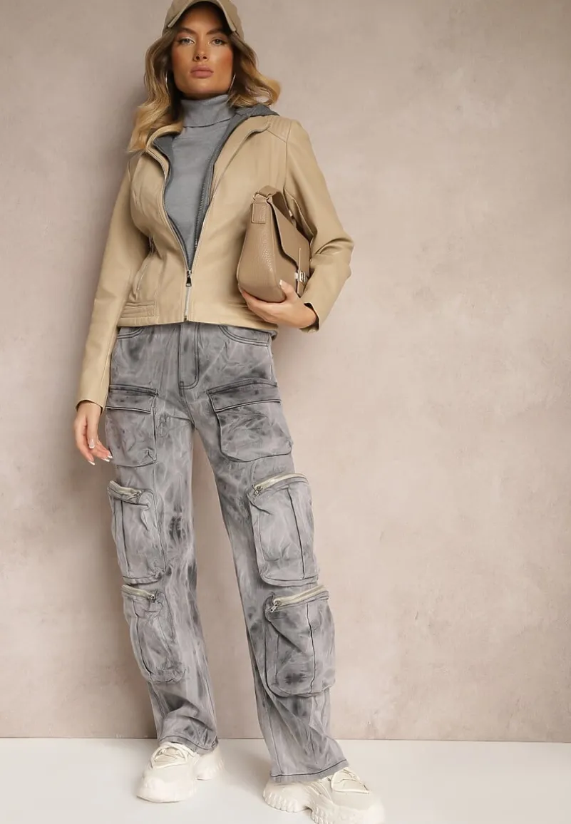 Beżowa Taliowana Kurtka Ramoneska z Tekstylnym Kapturem z Możliwością Odpięcia Ivaletha