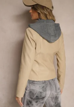 Beżowa Taliowana Kurtka Ramoneska z Tekstylnym Kapturem z Możliwością Odpięcia Ivaletha