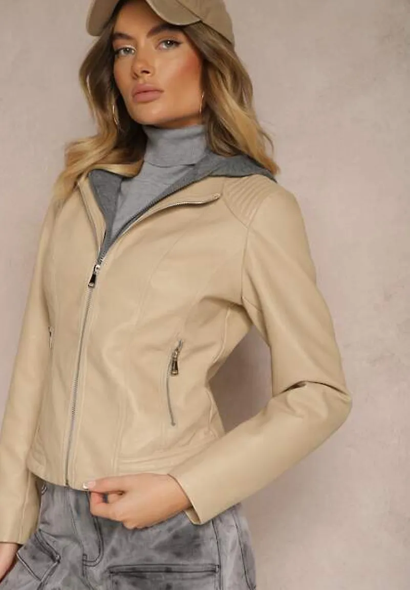 Beżowa Taliowana Kurtka Ramoneska z Tekstylnym Kapturem z Możliwością Odpięcia Ivaletha