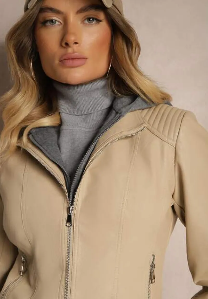 Beżowa Taliowana Kurtka Ramoneska z Tekstylnym Kapturem z Możliwością Odpięcia Ivaletha