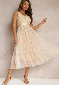 Beżowa Taliowana Sukienka Midi z Ozdobną Siateczką Celerise