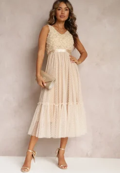 Beżowa Taliowana Sukienka Midi z Ozdobną Siateczką Celerise