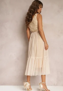 Beżowa Taliowana Sukienka Midi z Ozdobną Siateczką Celerise