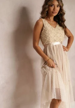 Beżowa Taliowana Sukienka Midi z Ozdobną Siateczką Celerise