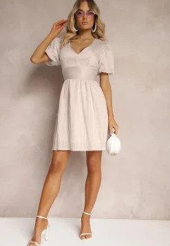 Beżowa Taliowana Sukienka z Dodatkiem Bawełny na Suwak Ozdobiona Bufiastymi Rękawami Malfea