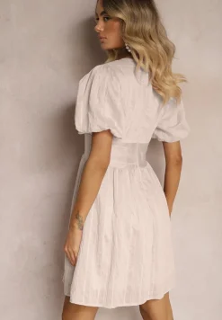 Beżowa Taliowana Sukienka z Dodatkiem Bawełny na Suwak Ozdobiona Bufiastymi Rękawami Malfea