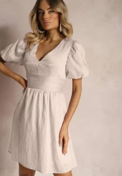 Beżowa Taliowana Sukienka z Dodatkiem Bawełny na Suwak Ozdobiona Bufiastymi Rękawami Malfea