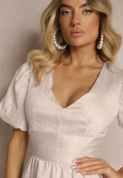 Beżowa Taliowana Sukienka z Dodatkiem Bawełny na Suwak Ozdobiona Bufiastymi Rękawami Malfea