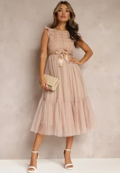 Beżowa Taliowana Sukienka z Tiulową Spódnicą i Górą z Koronki Darela