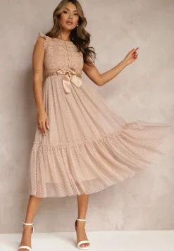 Beżowa Taliowana Sukienka z Tiulową Spódnicą i Górą z Koronki Darela