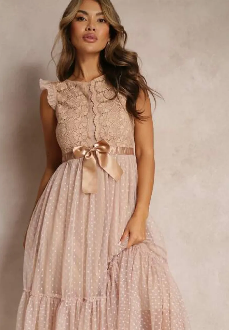 Beżowa Taliowana Sukienka z Tiulową Spódnicą i Górą z Koronki Darela