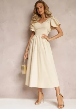 Beżowa Taliowana Sukienka Maxi z Falbanami Giftis