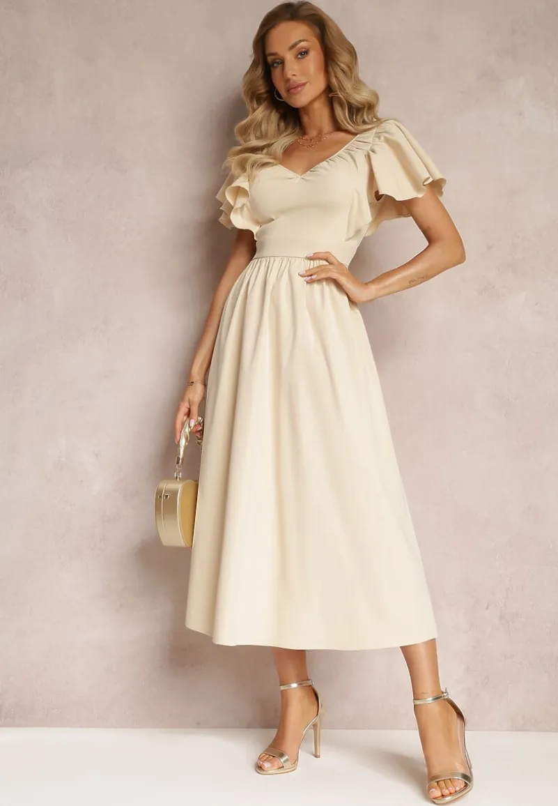 Beżowa Taliowana Sukienka Maxi z Falbanami Giftis