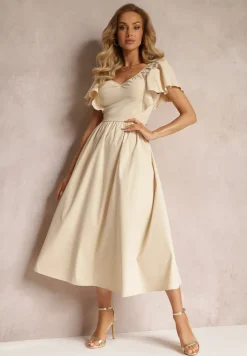 Beżowa Taliowana Sukienka Maxi z Falbanami Giftis