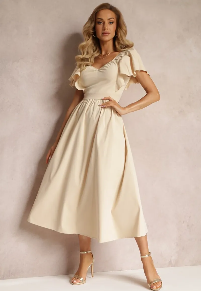 Beżowa Taliowana Sukienka Maxi z Falbanami Giftis